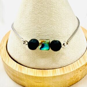 Chic Silver Bracelet with Black lava rock and Iridescent Charm